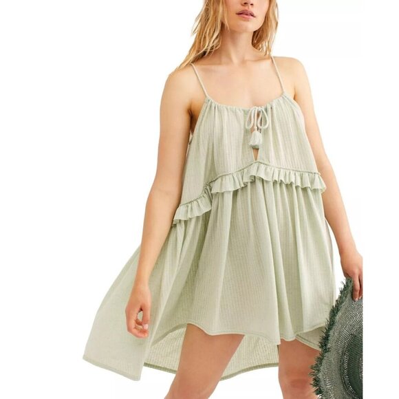 Free People Rosaline Tunic Dress Green Mini Tiered Rope Strap Summer Flowy M - Picture 1 of 13